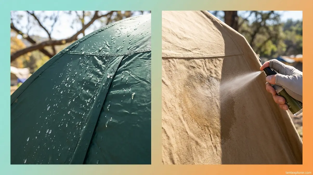 Camper choosing between DWR and silicone tent waterproofing spray for nylon and canvas fabrics