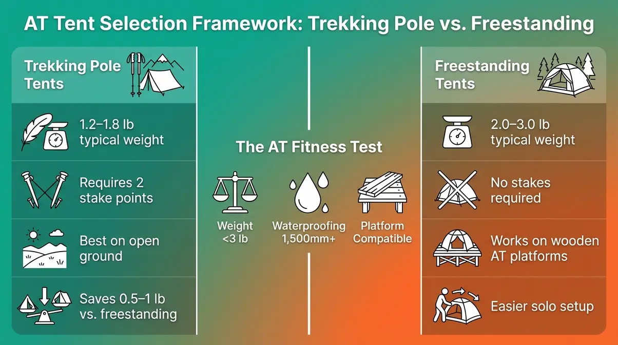 Infographic comparing trekking pole and freestanding tents for Appalachian Trail thru-hikers by weight and setup type