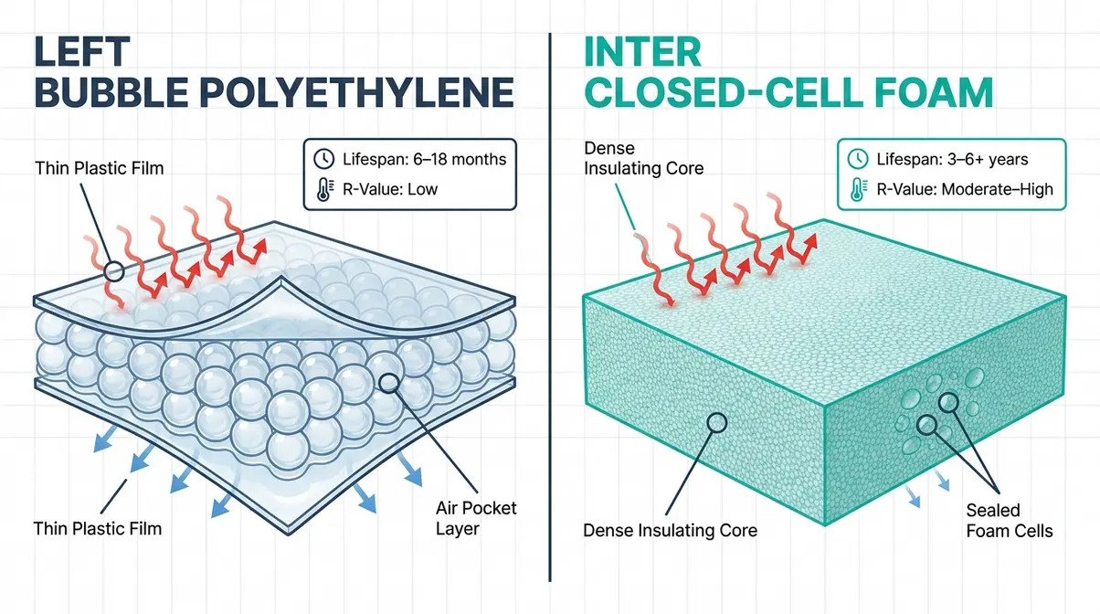 Best Thermal Blanket for Hot Tub: Tested & Compared 4 Cross-section infographic comparing bubble polyethylene and closed-cell foam hot tub thermal blanket insulation layers