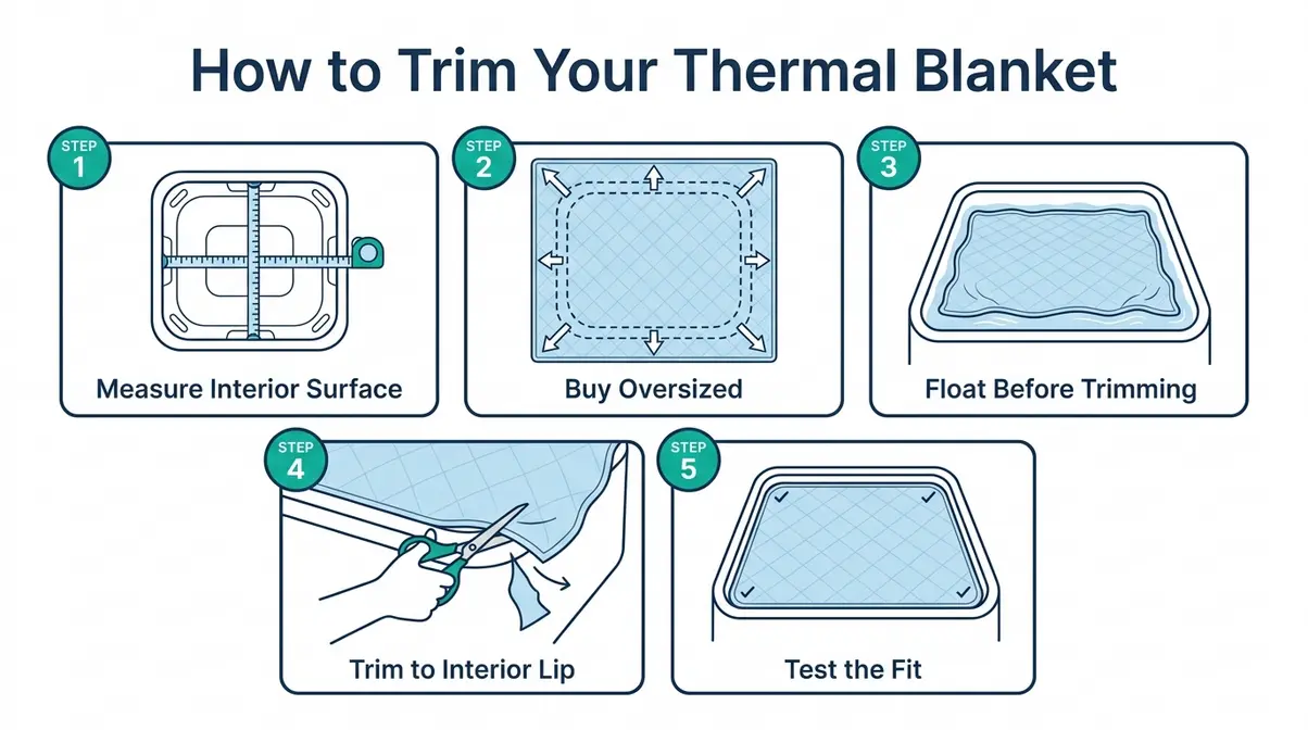 Best Thermal Blanket for Hot Tub: Tested & Compared 5 Five-step illustrated diagram showing how to measure, place, and trim a hot tub thermal blanket for a perfect fit