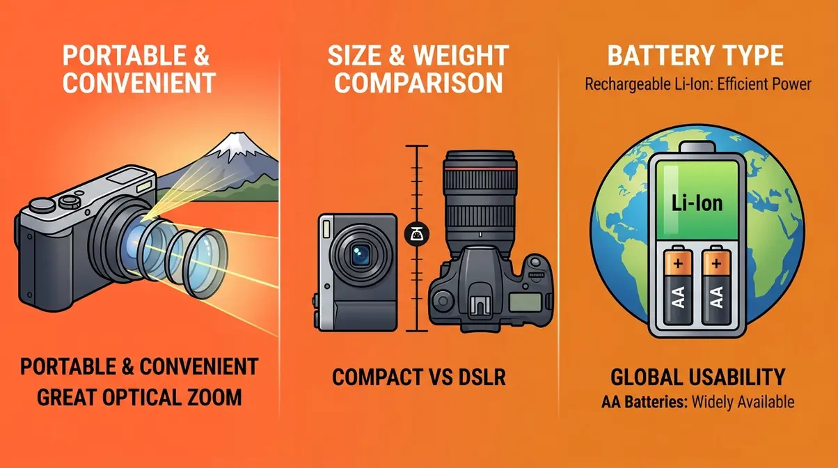 Travel camera buying guide illustration comparing optical zoom, camera size, and battery types for travelers