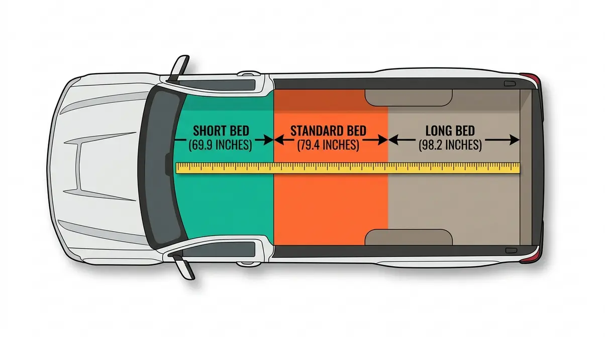 Chevy Silverado truck bed dimensions diagram showing short standard and long bed measurement zones