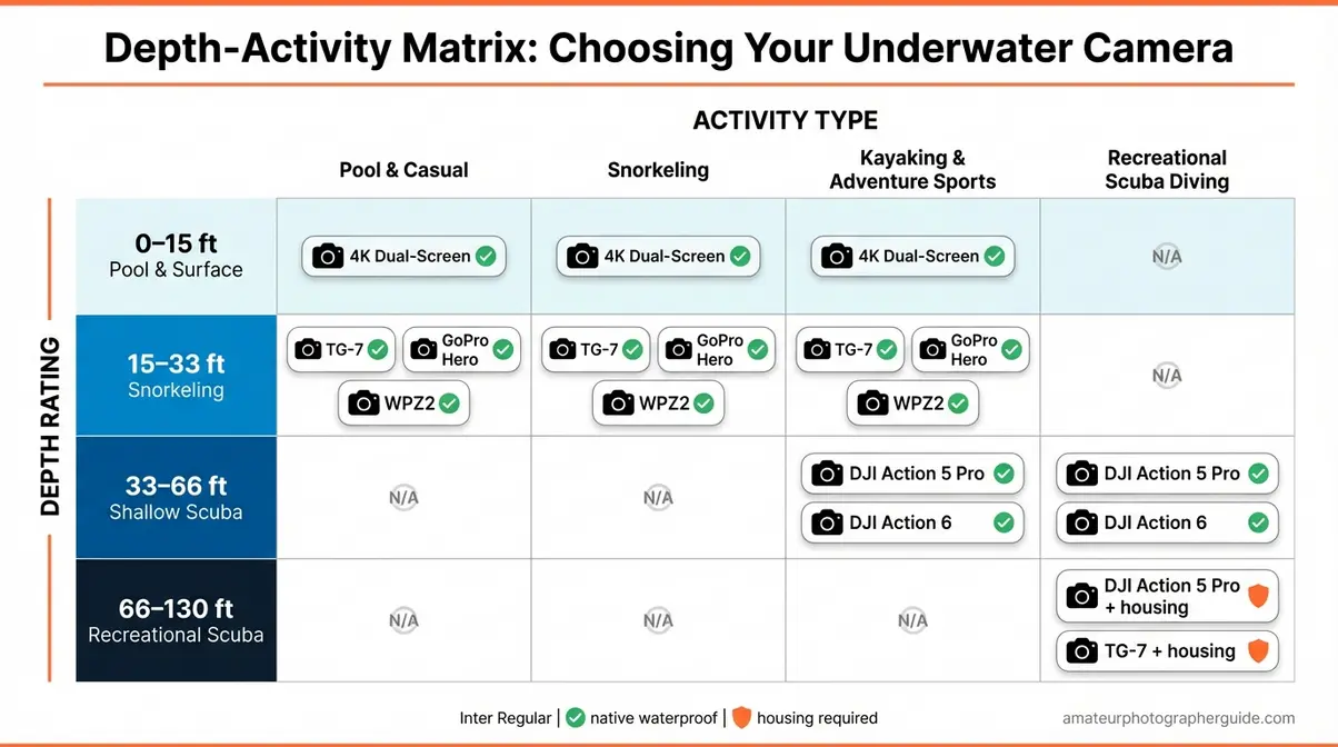 Depth-activity matrix chart matching underwater camera recommendations to snorkeling, scuba, pool, and kayaking depth ranges