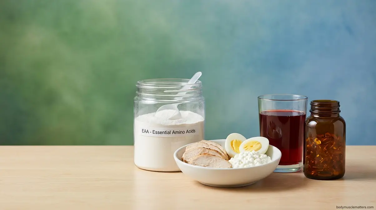 Amino acid supplements for muscle recovery including EAAs leucine-rich foods tart cherry and omega-3 arranged on surface