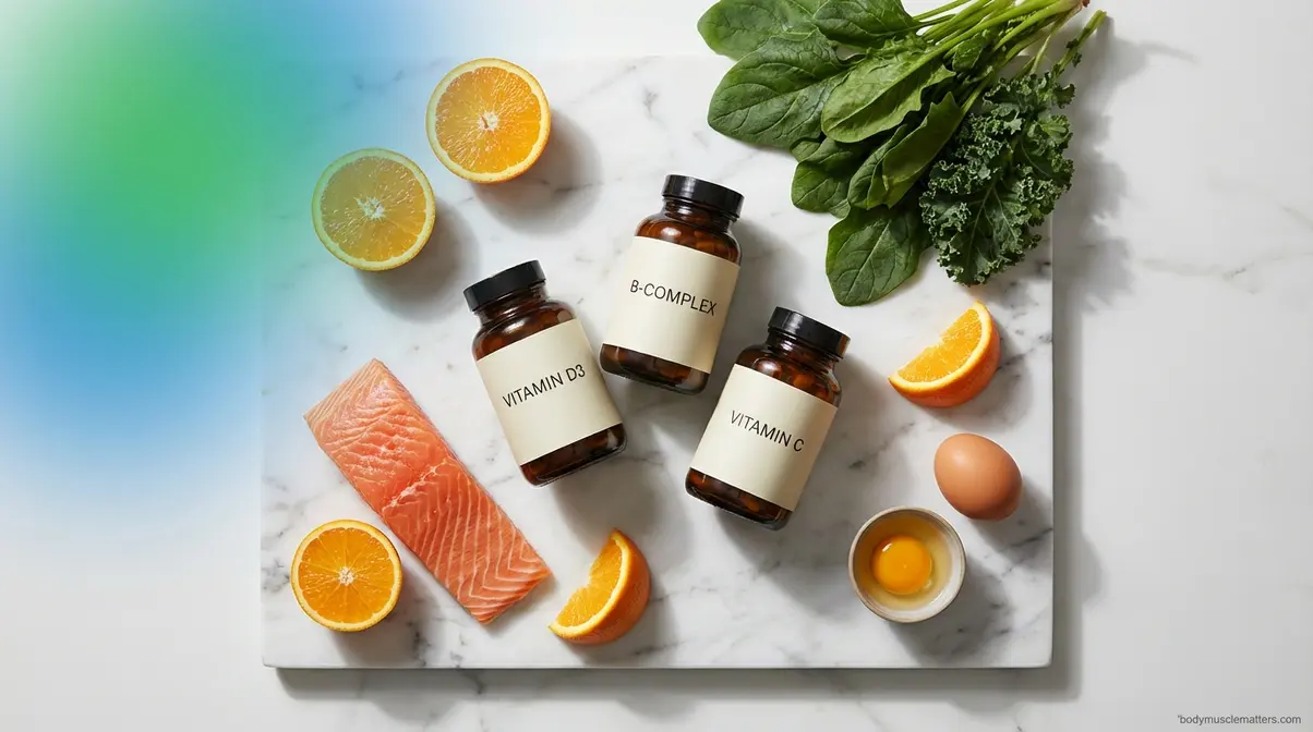 Essential vitamins for muscle growth including Vitamin D3, B-complex, and Vitamin C with natural food sources arranged on surface