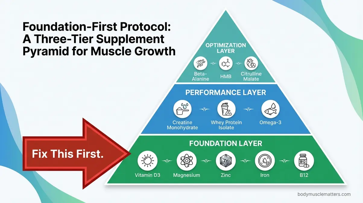 Foundation-First supplement pyramid infographic showing vitamins at base and performance supplements above for muscle growth