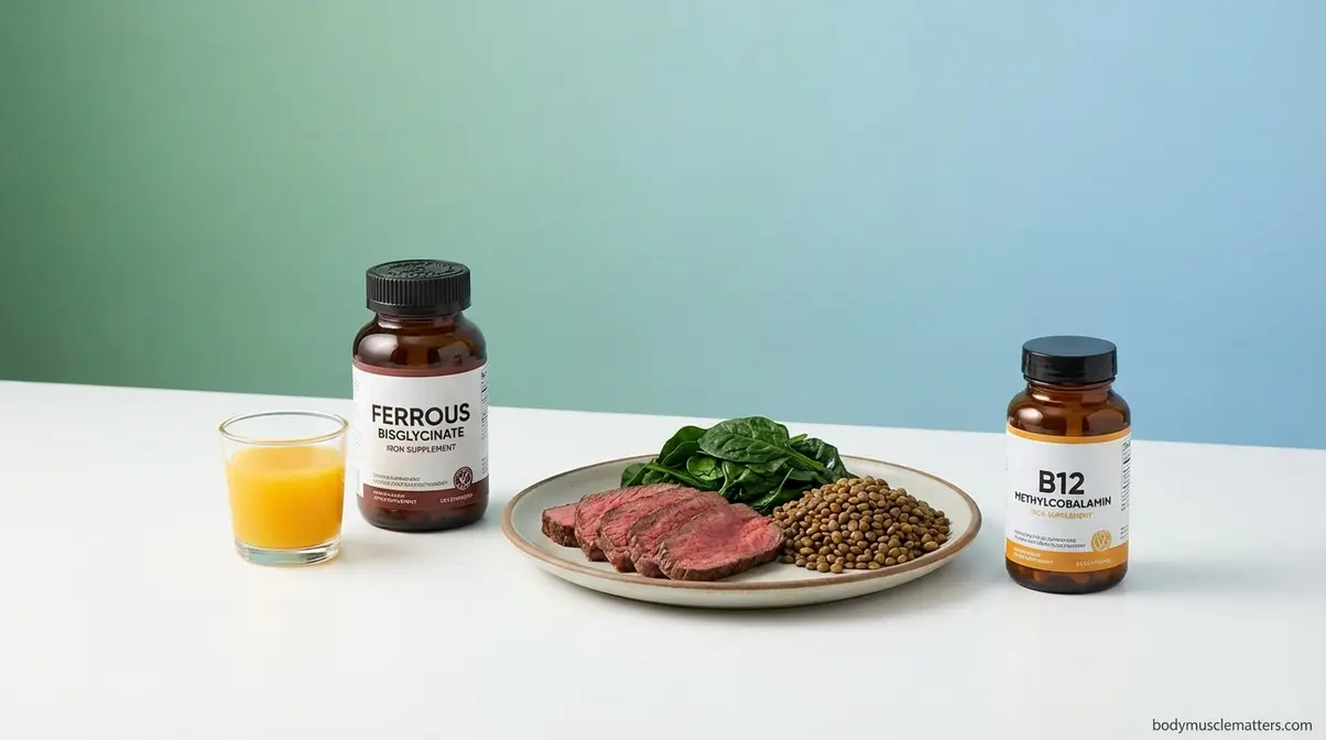 Iron supplement and Vitamin C pairing for muscle weakness and anemia recovery alongside B12 and iron-rich foods