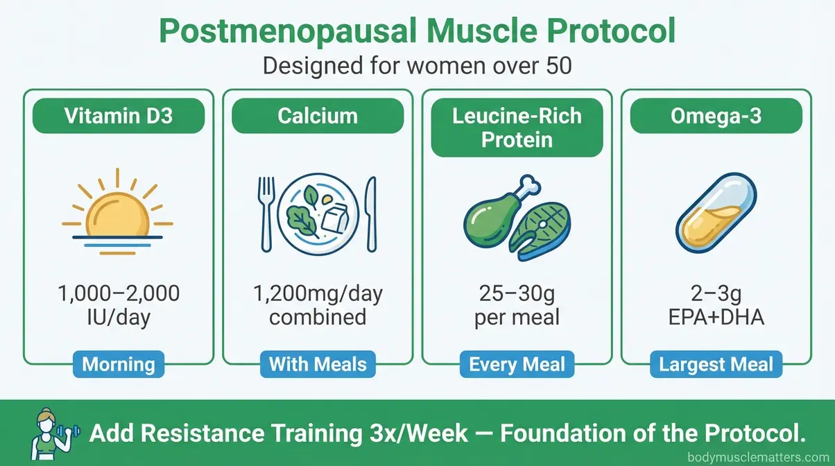 Postmenopausal muscle protocol infographic showing best vitamins for muscle growth in women with dosing and timing