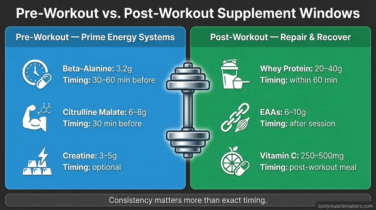 Pre-workout and post-workout supplement windows comparison infographic for optimizing muscle growth timing