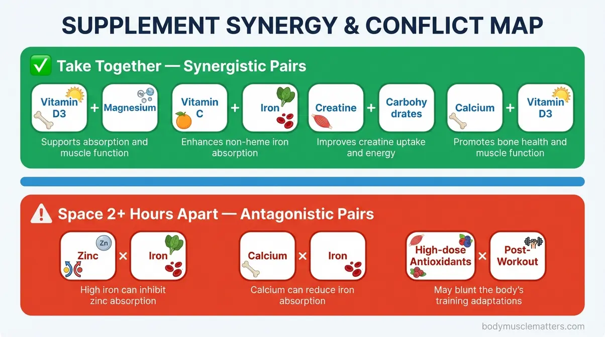 Supplement synergy and conflict map diagram showing paired and antagonistic vitamins for maximum muscle growth absorption