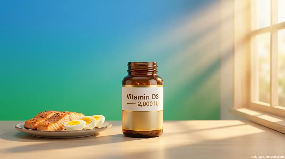Vitamin D3 supplement bottle for muscle growth beside natural food sources salmon and egg yolks