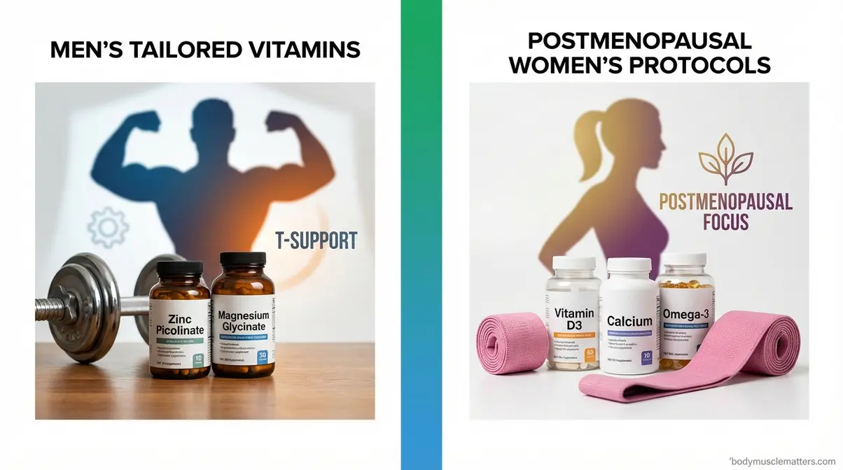 Gender and age specific vitamins for muscle growth showing men's zinc magnesium stack and women's Vitamin D3 calcium protocol