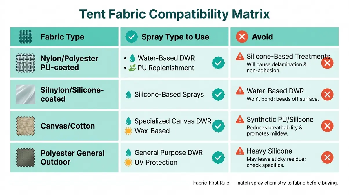 Compatibility chart matching tent fabric types including nylon, polyester, canvas, and silnylon to correct waterproofing spray chemistry