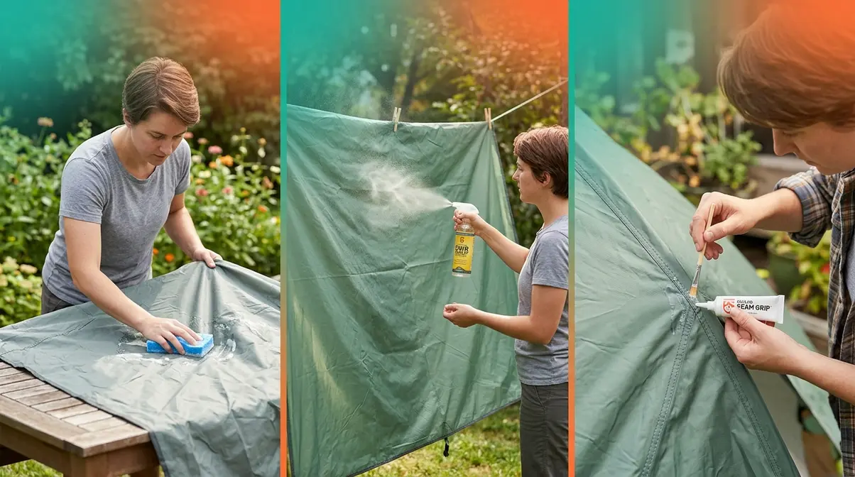 Three-step tent waterproofing process showing cleaning, spraying DWR, and sealing seams on a polyester rainfly