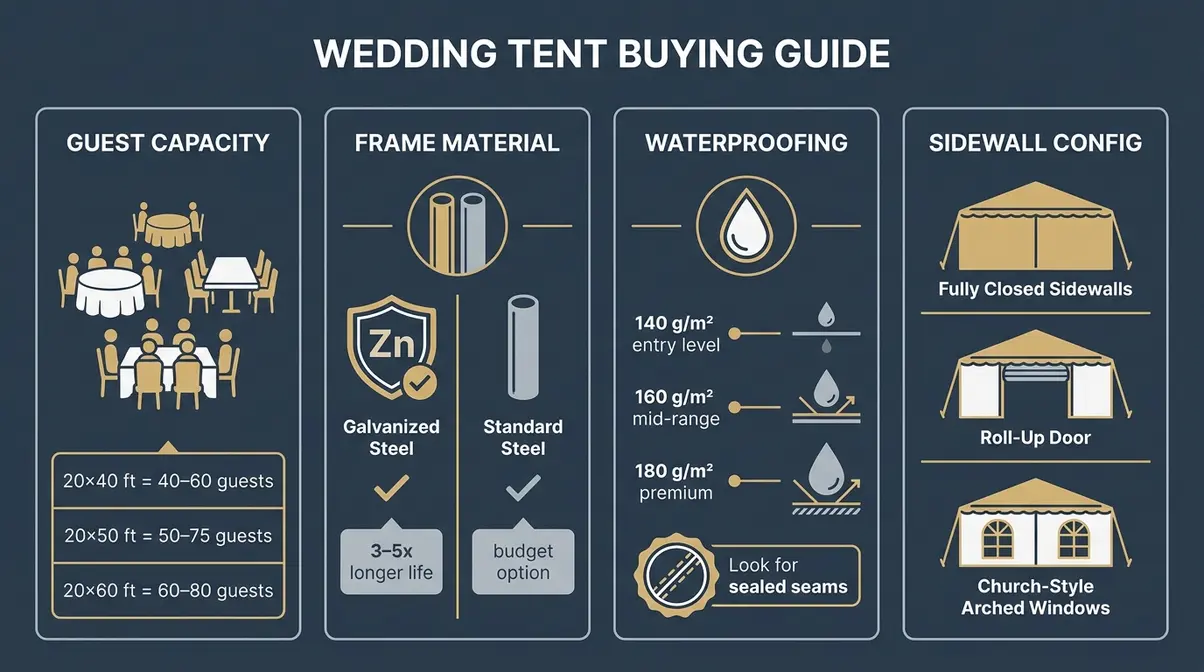 Wedding tent buying guide infographic showing capacity, frame material, waterproofing, and sidewall options