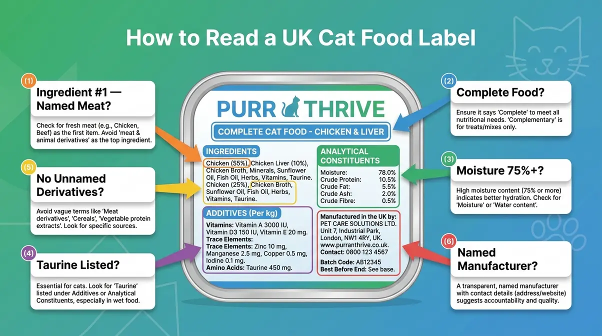 Annotated UK cat food label infographic showing protein source, moisture content, and complete food status