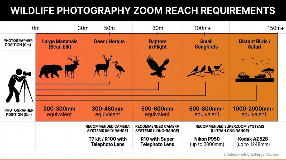 Wildlife photography zoom reach guide showing focal lengths needed for deer, birds, and small mammals