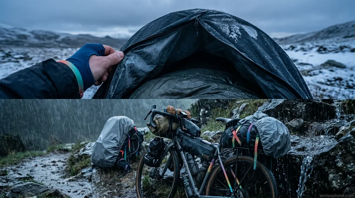 Bivy failure scenarios showing condensation buildup inside shell and exposed gear in heavy rain conditions