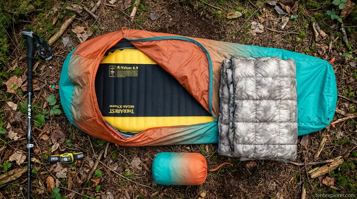 Bivy sleep system with sleeping pad inside the shell and lightweight quilt alongside on forest ground