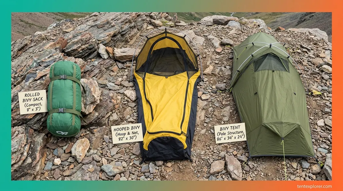 Three bivy shelter types arranged by size showing bivy sack, hooped bivy, and bivy tent differences
