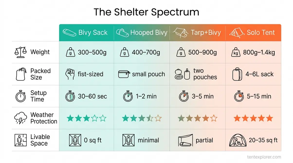 Bivy vs tent infographic comparing weight, pack size, setup time, and weather protection across four shelter types
