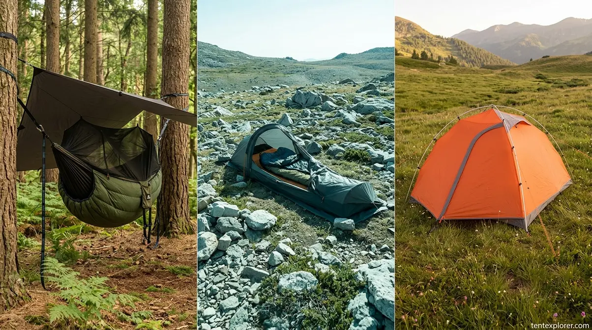 Three-way comparison of hammock, bivy sack, and solo tent shelters in different outdoor terrain settings