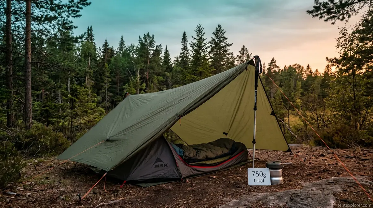 Tarp and bivy ultralight shelter system pitched at forested campsite showing combined weight under 900 grams