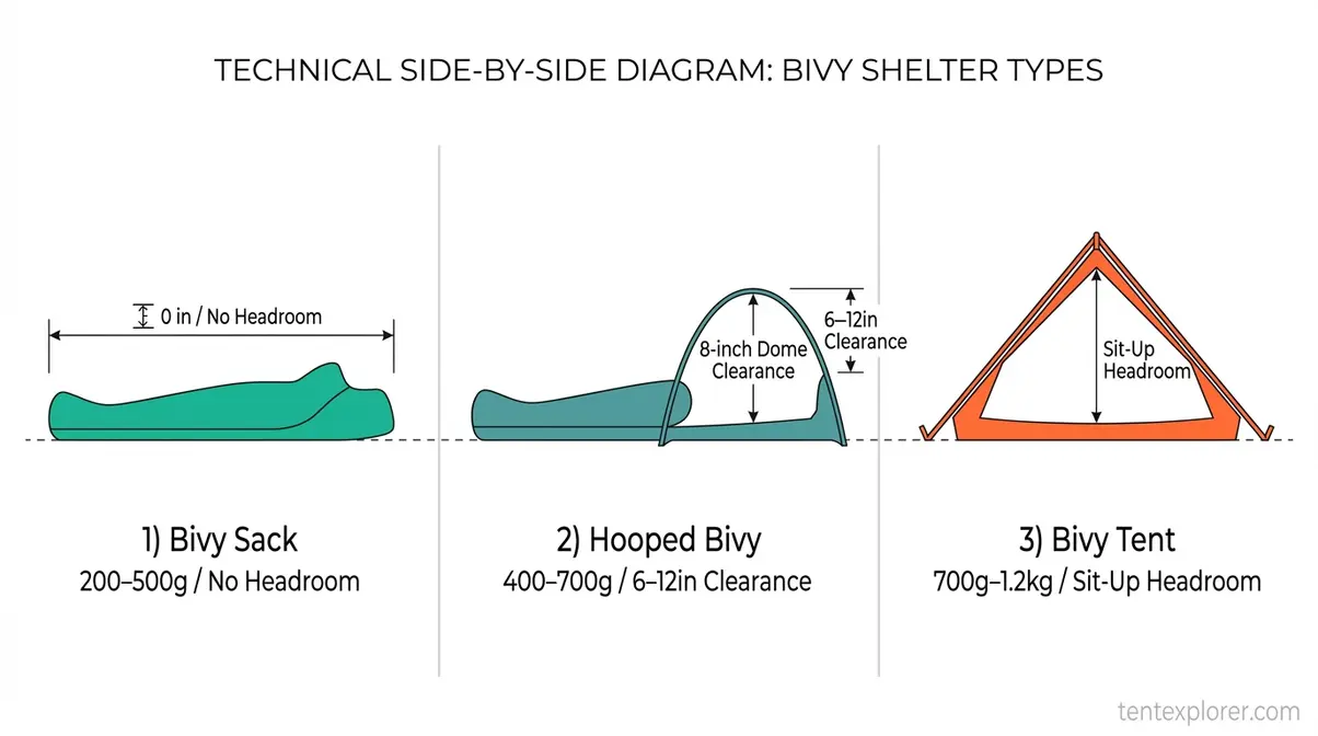 Diagram comparing three bivy types side by side showing headroom and weight differences for each shelter