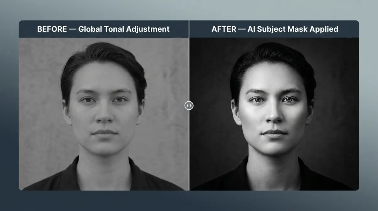 Before and after Lightroom AI masking black and white portrait editing showing subject background separation