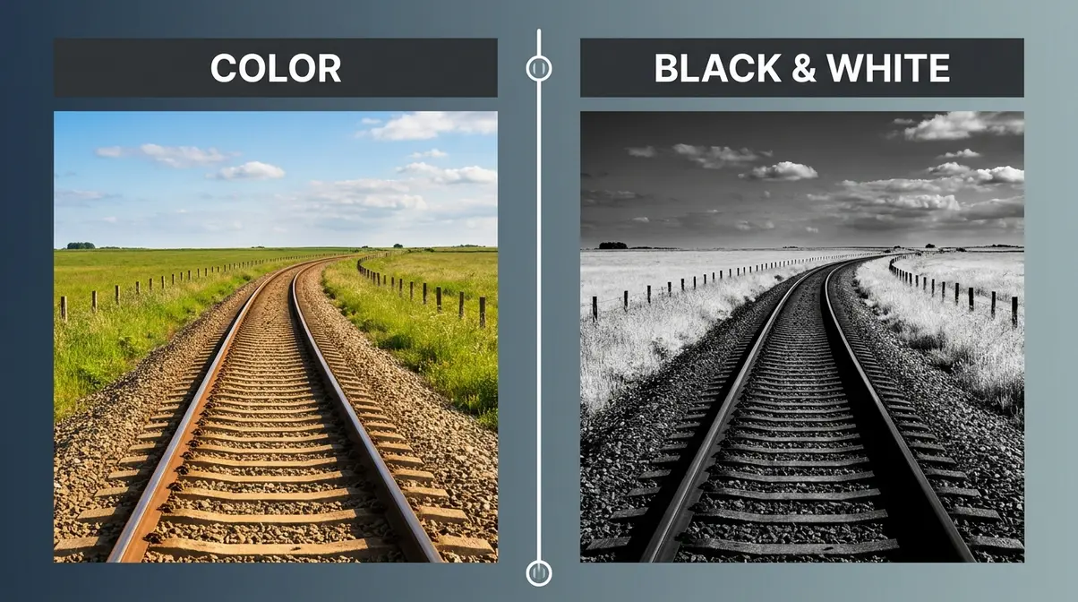 Before and after comparison showing leading lines composition in color versus black and white photography