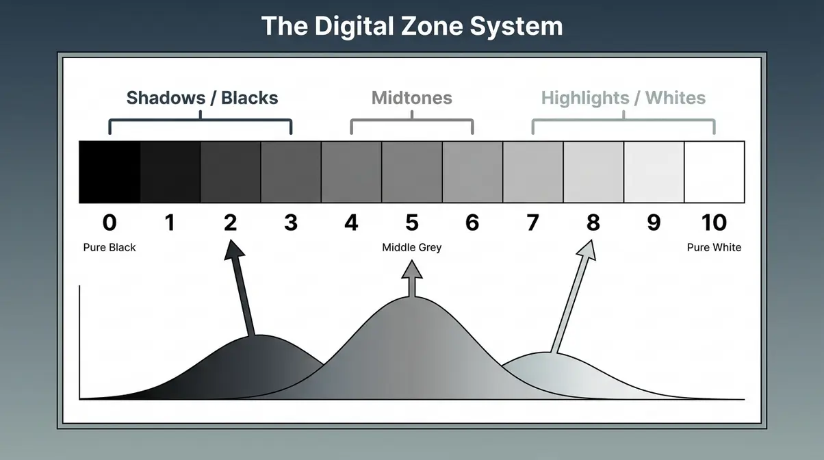 The Digital Zone System tonal diagram showing 11 zones from pure black to pure white for black and white photography