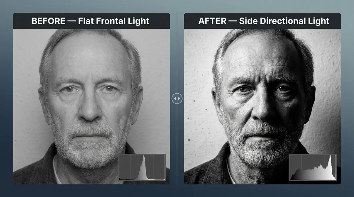 Before and after black and white photography example showing impact of directional light on depth and shadow