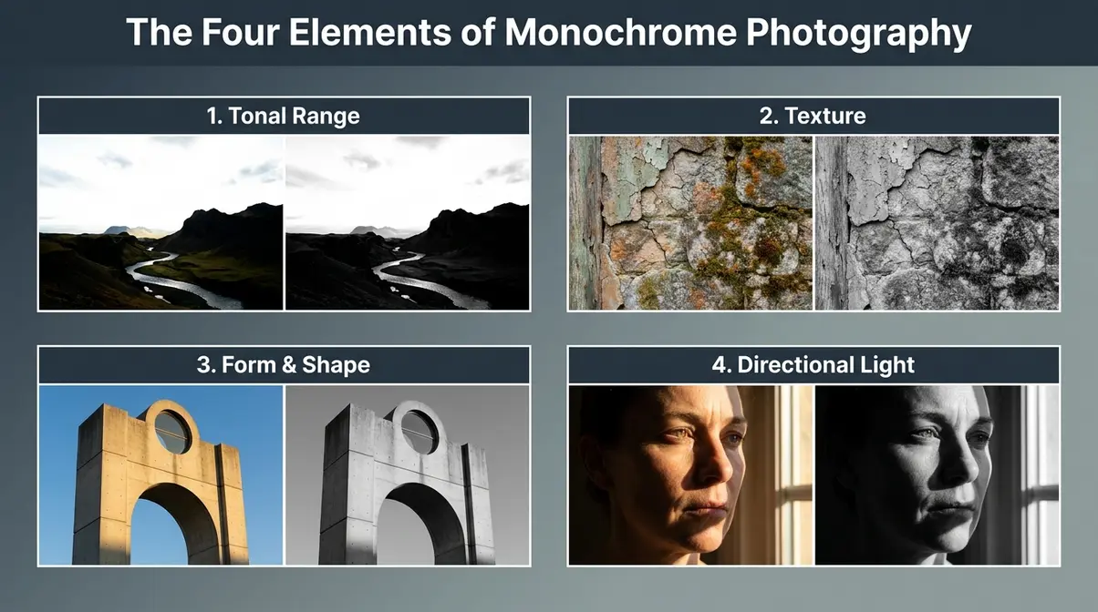 Four elements of great black and white photography infographic showing tonal range, texture, form, and directional light