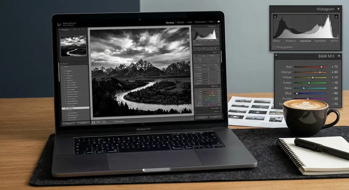 Lightroom B&W editing workspace showing HSL panel and histogram for black and white post-processing workflow