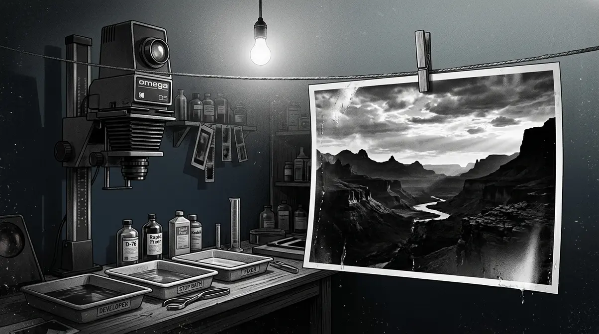 Vintage darkroom with monochrome landscape print representing legacy of master black and white photographers