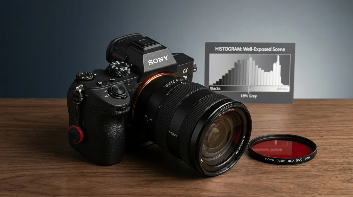 Camera with color filter and histogram showing core monochrome shooting techniques for black and white photography