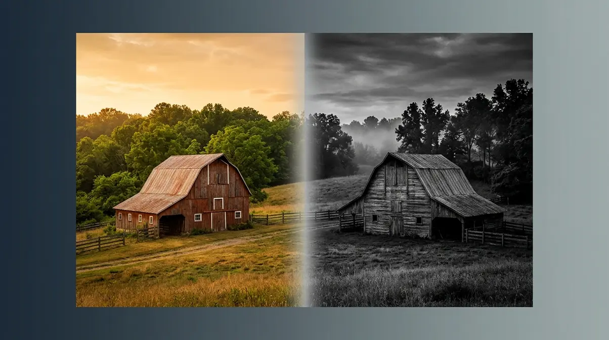 Side-by-side color versus black and white barn scene illustrating why monochrome photography creates emotional depth