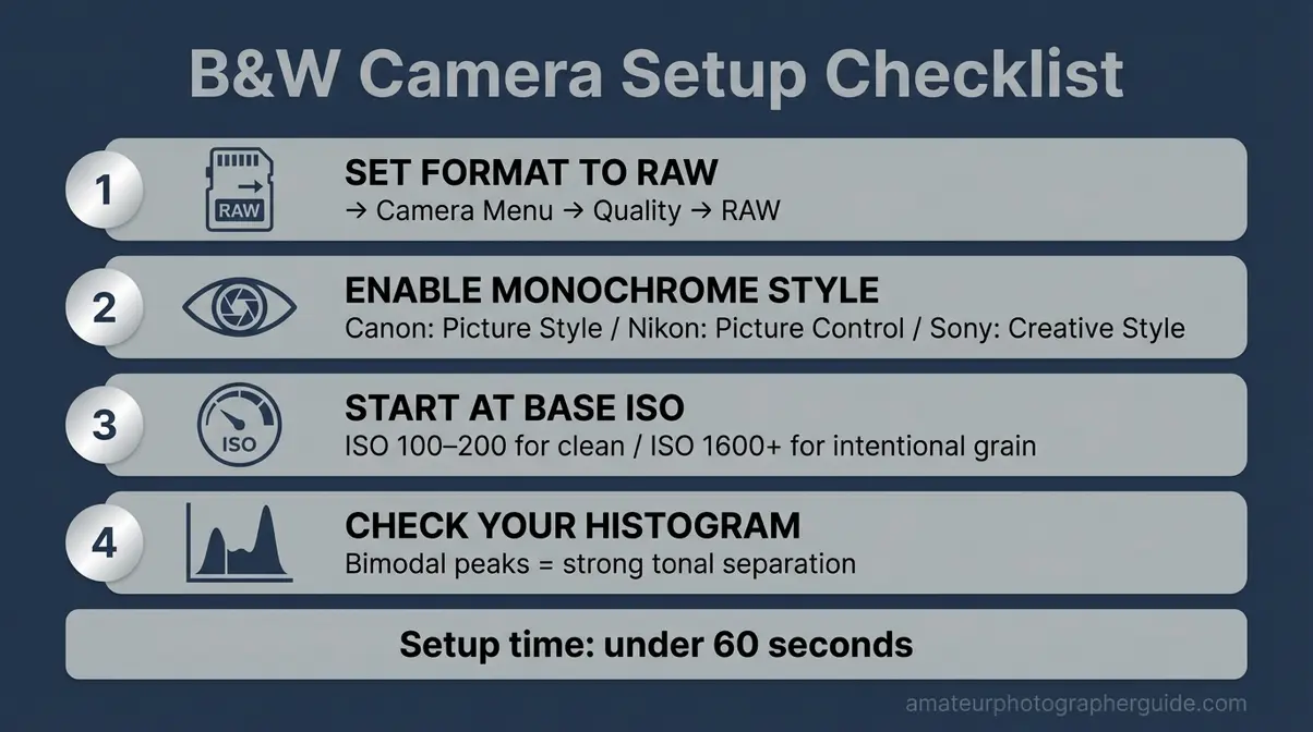 Best camera settings for black and white photography: RAW file format, ISO 100, Monochrome mode quick reference cheat sheet