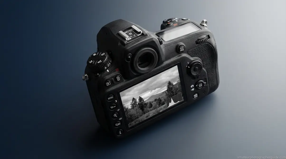DSLR camera LCD screen showing monochrome preview mode and histogram for black and white photography setup