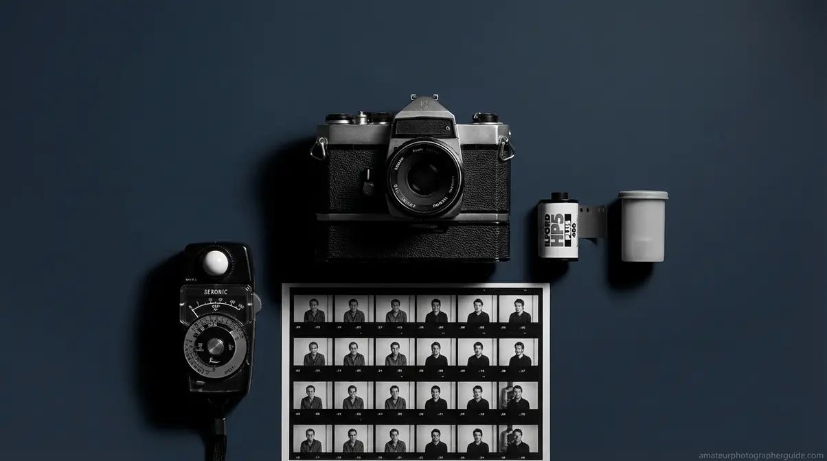 Black and white film photography starter kit with 35mm camera, ISO 400 film rolls, contact sheet, and light meter