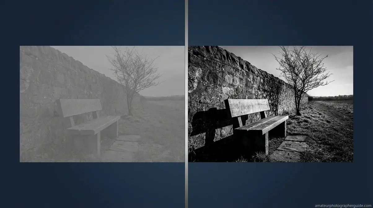 Common black and white photography mistake comparison showing flat unplanned photo versus intentional high-contrast monochrome result