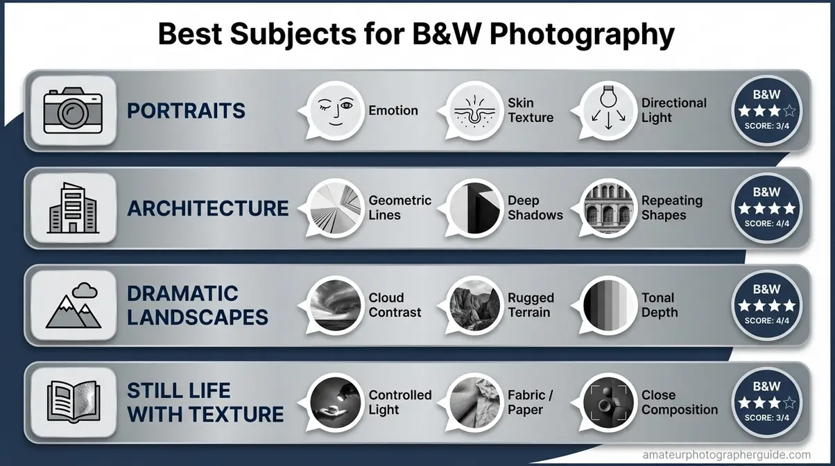 Best subjects for black and white photography beginners: portraits, architecture, landscapes, and still life comparison