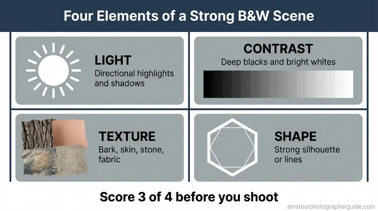 Black and white photography composition checklist infographic: light, contrast, texture, and shape elements