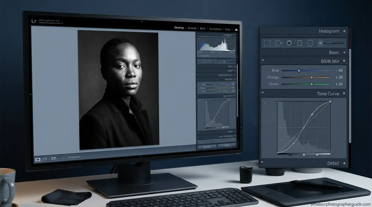Adobe Lightroom B&W Mix panel and Tone Curve open during black and white post-processing workflow for beginners
