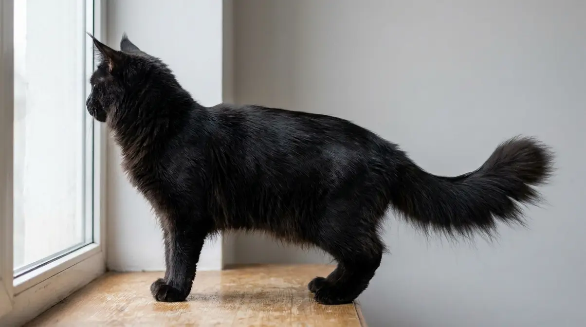 Black Maine Coon cat full grown with ear tufts and bushy tail in natural light
