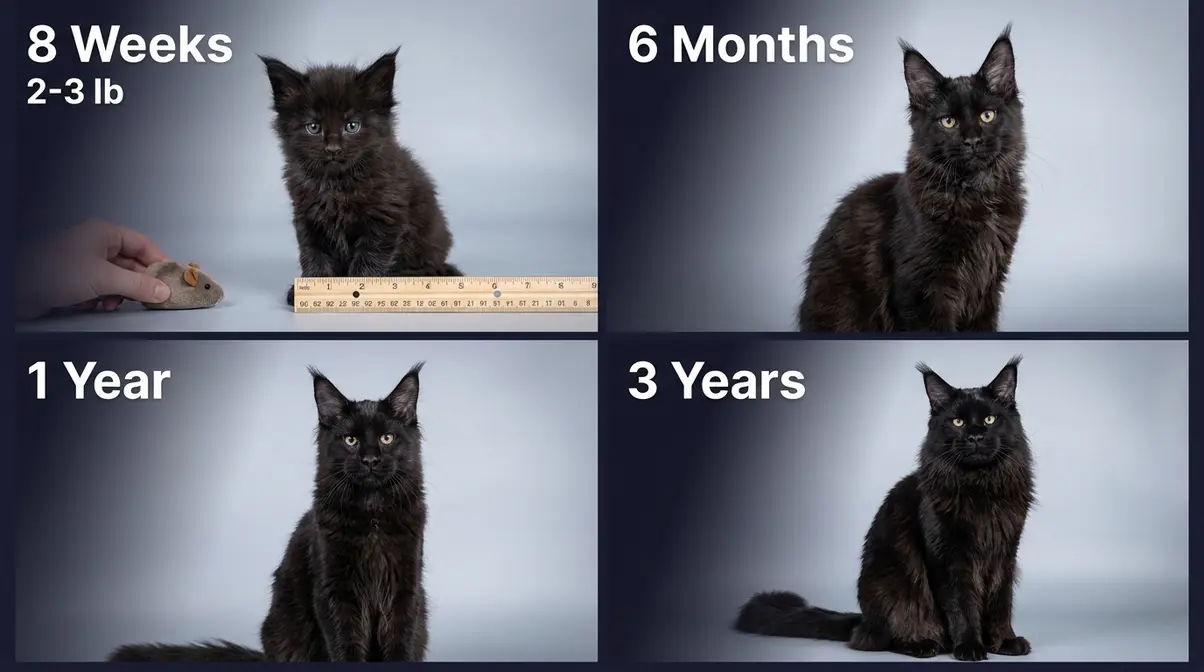 Black Maine Coon kitten growth stages from 8 weeks to 3 years showing slow maturation
