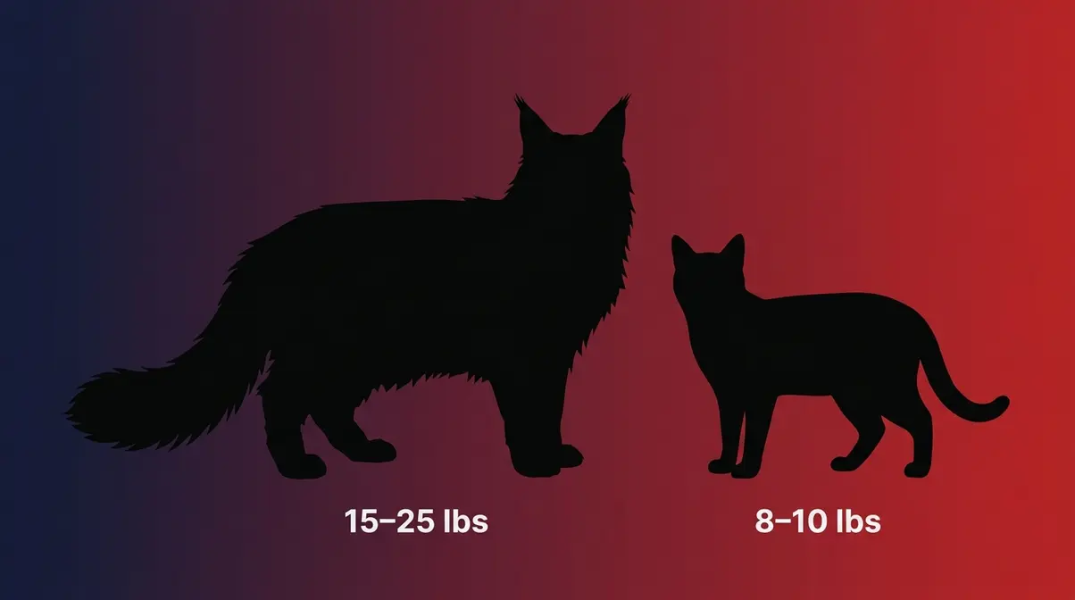Black Maine Coon size comparison with average domestic cat showing 15 to 25 pound weight difference