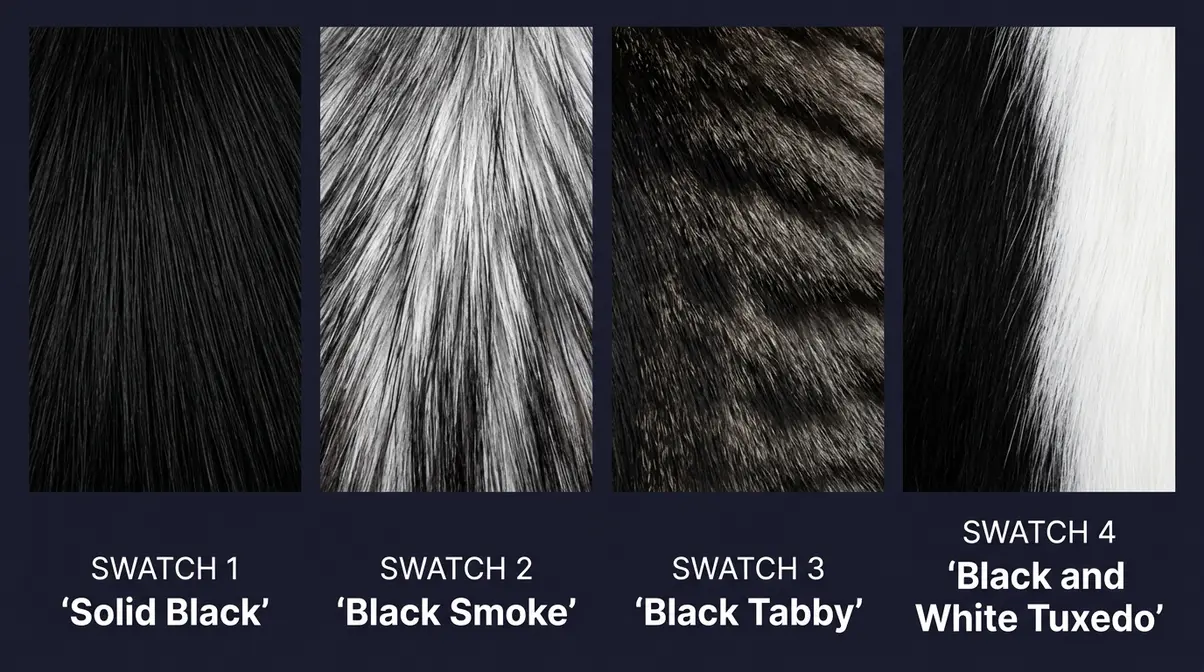 Black Maine Coon coat pattern comparison showing solid black, black smoke, black tabby, and tuxedo variations