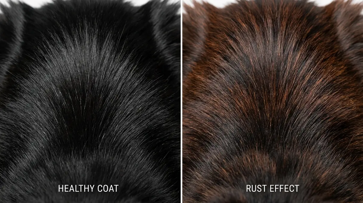Solid black Maine Coon coat rusting comparison showing Tyrosine deficiency reddish-brown effect