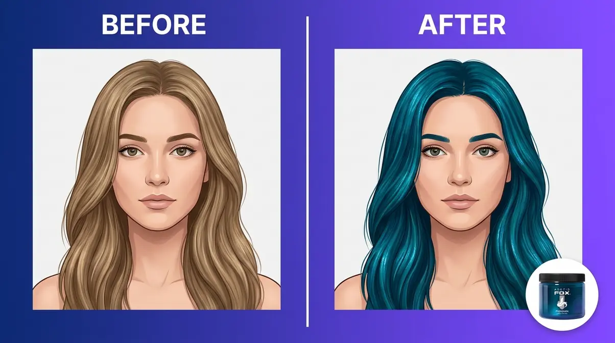 Arctic Fox Poseidon before and after on Level 7 blonde hair showing vivid teal-blue result